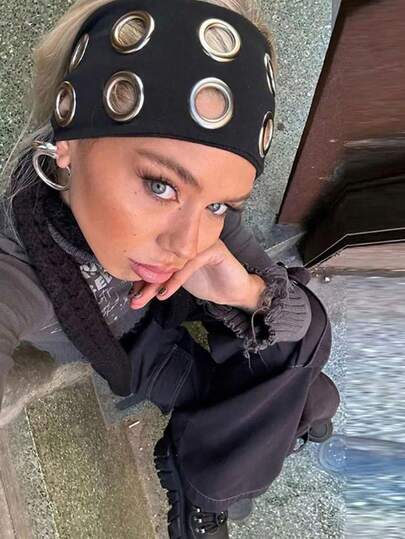 1件朋克风女士纯色柔软弹力镂空发带，金属摇滚个性发带，多功能日常发饰冬季围巾女士头巾柔软头巾