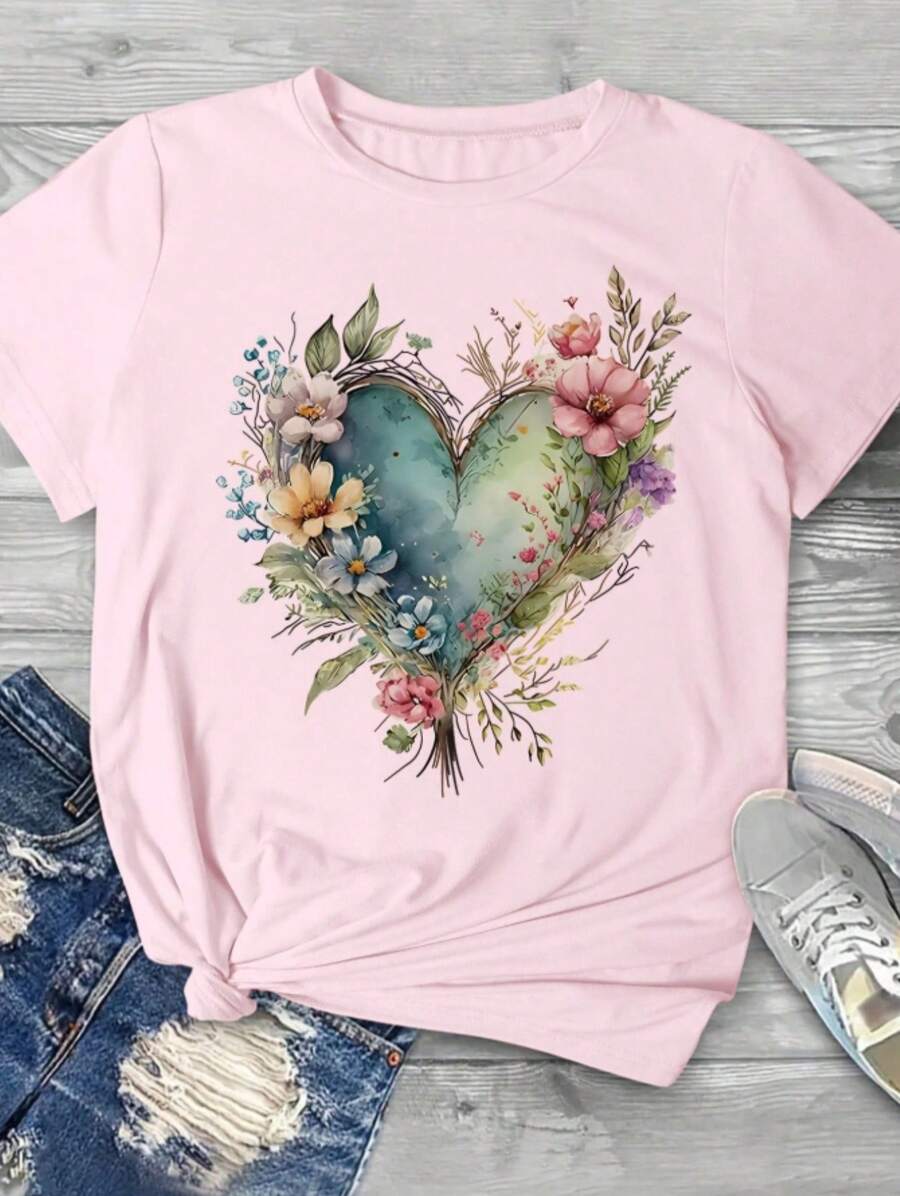 Camiseta estampada de corazón, manga corta, cuello redondo, top casual para verano y primavera, ropa de mujer - Rosa - Ver 1