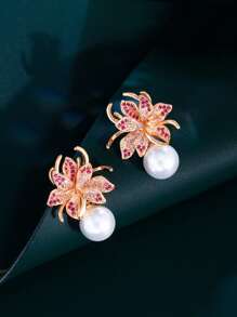 1 par de aretes de lujo con flores y perlas, joyería nupcial chapada en oro amarillo con CZ rosa roja para mujeres, accesorio para bodas, compromisos, banquetes y fiestas para novias, damitas de honor y madres