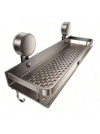 1pc Heavy Duty Rust-Proof Shower Caddy With Suction Cup - Space Saving Floating Wall Mount Rack With Towel Hooks, For Shampoo, Soap And Bathroom Accessories, Metal Design, Fits Modern Bathrooms