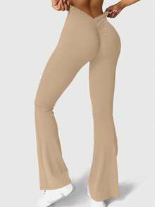 Speed mate 女士运动紧身喇叭瑜伽舞蹈裤，抓绒，冬季款 - 卡其色 - 查看 4