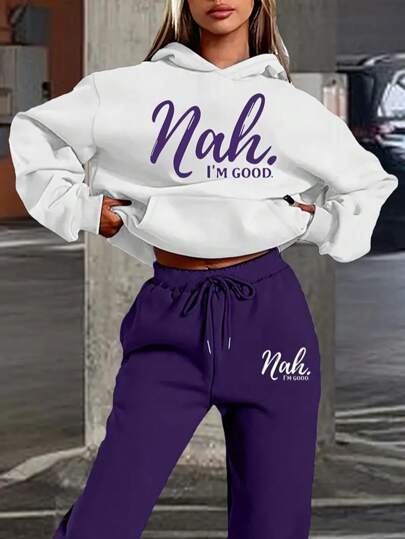 Conjunto de 2 peças de moletom com capuz de cor contrastante, estampado "Nah I'm Good", com cordão, casual feminino, streetwear