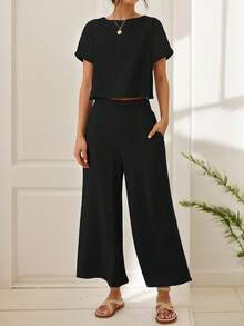 tooluck Women's 2 Piece Outfits Linen Short Sleeve Crop Top And Wide Leg Pants Lounge Matching Set Tracksuits Black - 黑色 - 查看 1