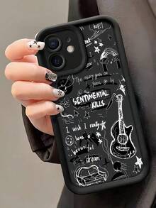 1 pieza Funda de teléfono con patrón de grafiti de guitarra desordenada de estilo retro compatible con Apple y series de teléfonos, resistente al agua, a los golpes y a los arañazos - Negro - Ver 1