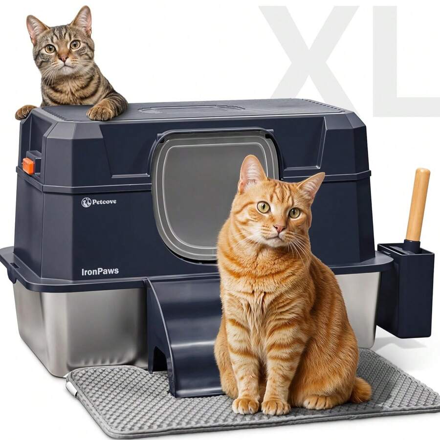 Caja de arena para gatos de acero inoxidable con tapa, caja de arena de metal con lados altos de tamaño XL, caja de arena para gatos grande cerrada de 3 en 1 con sistema de tamiz, cajas de arena extra grandes para gatos de interior - Azul - Ver 1