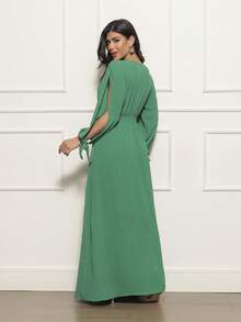 FASHION MIX PREMIUM Elegant Long Dress With Slit Long Sleeves With Tie With V-Neckline And Waist Adjustment Plus Size Women's Fits 38 To 44 - 綠旗 - 查看 4