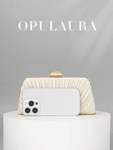 OpulAura 复古优雅缎面手拿包，时尚褶皱正式晚礼服包，迷人精致的正式派对手提包，豪华盒子小钱包，适合派对/婚礼/正式场合，带链条可肩背/斜挎 - 杏色 - 查看 4