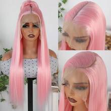 13X6 Free Part Platinum Blonde Lace Front Wigs 28 Inch Pre Plucked Long Straight Hair Wigs Glueless Soft Ash Blonde Colored Wigs Heat Resistant Fiber Hair Synthetic Lace Front Wigs For Women For Daily Christmas Party Cosplay Use - Màu Hồng baby - Xem 5