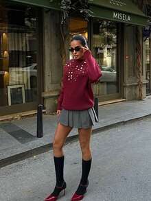 Women's Casual Colorblock Patterned Knit Sweater, Cute For Party & Daily Wear - Burgundy - View 3