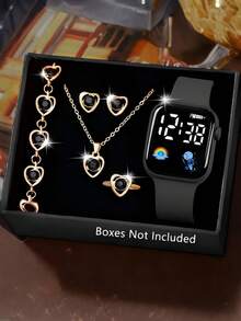 6-In-1 Elegant Girl Square Digital Display, With Rainbow LED Screen, Sparkling Diamond Heart Necklace, Bracelet, Earrings And Ring, Perfect Gift For Parties, Trips, Celebrations, Halloween, Christmas, Back To School, And Gifts For Friends And Family - Multicolor - View 4