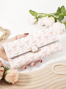 粉色蝴蝶结爱心图案包包，时尚女士长款钱包，零钱包，三折多卡槽大容量多功能钱包，女士优雅折叠卡槽和拉链口袋女士钱包钱包 - 粉色 - 查看 11