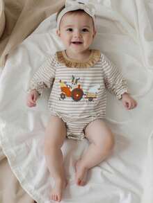 Baby Girl Fall Bubble Romper Stripe Print Strawberry Embroidery Long Sleeve Ruffled Round Neck Jumpsuit - Orange - View 7