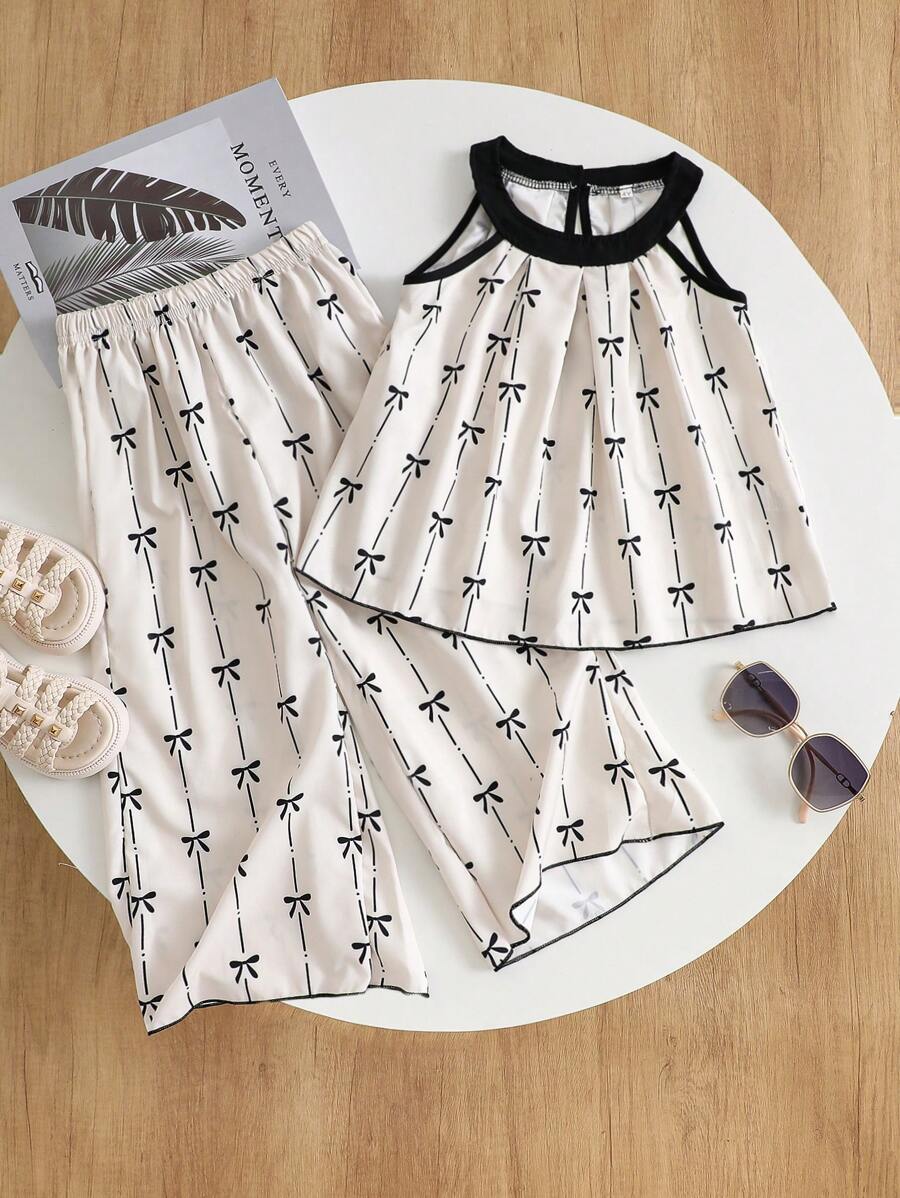 Conjunto de 2 piezas de top sin mangas con estampado de lazo y pantalones de pierna ancha de verano informal para niñas jóvenes