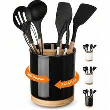 Utensil Holder, Extra Large Utensil Crock, Stable Ceramic Utensil Organizer, Cooking Tool Organizer Set For Kitchen Counter Farmhouse Decor (E-6.7" White) - D-Black(Grossy) - View 1