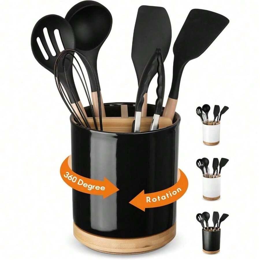 Utensil Holder, Extra Large Utensil Crock, Stable Ceramic Utensil Organizer, Cooking Tool Organizer Set For Kitchen Counter Farmhouse Decor (E-6.7" White) - D-Black(Grossy) - View 1