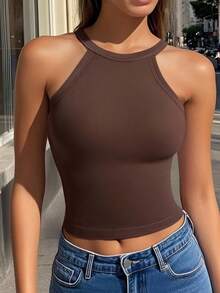 1 Áo ba lỗ dây mảnh màu trơn, thoải mái, tối giản, thường ngày, thường ngày, cắt cúp, có đệm ngực cố định, vừa vặn, tập luyện - màu nâu - Xem 6