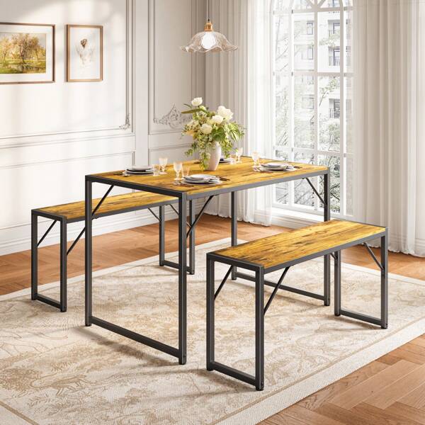 Juego de mesa de comedor de 45.5" para 4 personas, juego de mesa de cocina con 2 bancos, juego de mesa de comedor con estructura de metal y tablero de MDF, rincón de comedor compacto