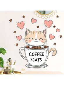 1 pieza Pegatina decorativa de pared con fondo de gato de taza de té de dibujos animados, adecuada para decoración de dormitorio, baño, habitación, hogar, cocina, restaurante, regalo de cumpleaños, graduación, vacaciones
