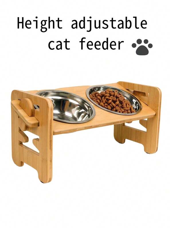 Adjustable Height Bamboo Cat Feeder Bracket With 2 Stainless Steel Bowls, Cat Food Bowl And Water Bowl Bracket For Neck Protection For Cats And Smaller Dogs