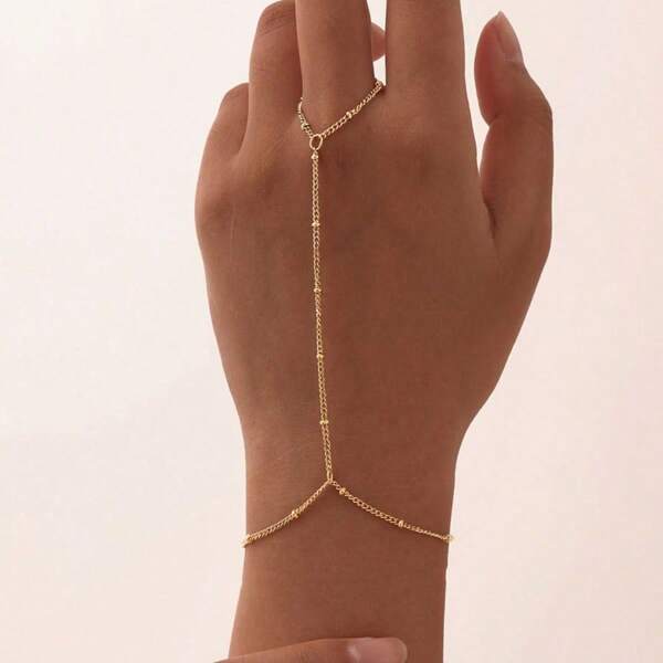 1pc Vacation Style Minimalist Fashion Metal Ball Chain Link Finger Ring Bracelet (Handmade Chain Cut To Proper Size, Random Number Of Beads)