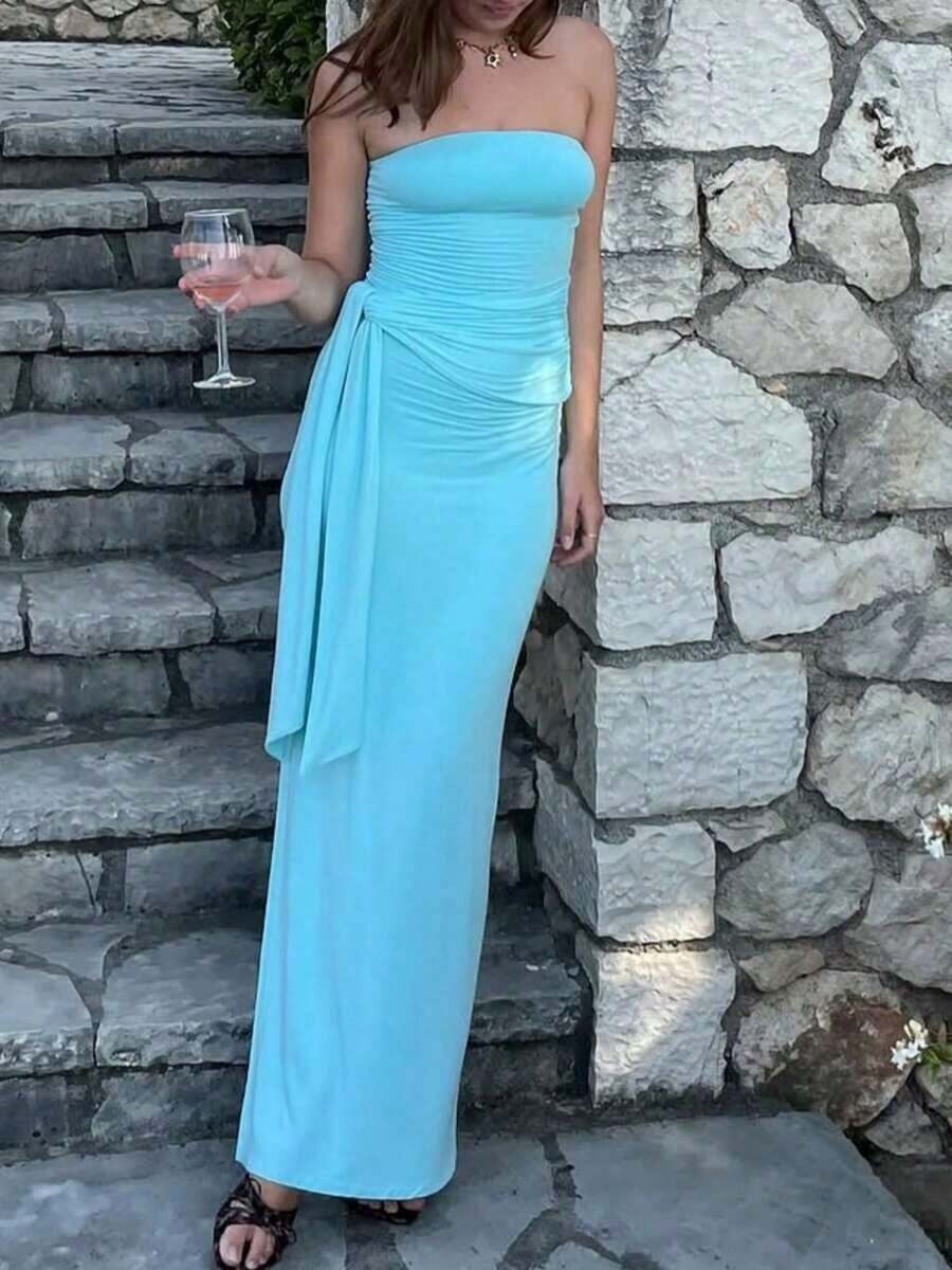 Women Y2k Strapless Tube Dress Bodycon Maxi Dress Solid Color/Floral Print Tie Up Waist Sexy Long Dress For Cocktail Dress Beach Party Summer Vacation Dresses Streetwear - 藍色 - 查看 1