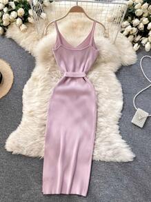 Summer New V-Neck Goddess Style Knit Dress, Waist-Slimming & Figure-Flattering, With Belt, Spaghetti-Strap
