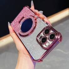 Nuevo estuche antideslizante de 4 esquinas para teléfono + cuerda colgante con perla de papel brillante rosa + espejo de maquillaje circular brillante rosa con soporte magnético integrado, compatible con Galaxy I-Phone 16 Pro 16Pro Max, Sam-Sung S25/S25Plus/S25Ultra, XM HW Redmi A5, Oppo