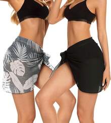 CHICGAL 2 Pieces Women Beach Sarong Bathing Suit Wrap Skirt Sheer Bikini Swimsuit Cover Ups Swimwear - 黑色和灰色的葉子 - 查看 3