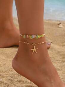 2pcs Set Summer Beach Holiday Style Turquoise Adjustable Anklet With Metallic Starfish Pendant, Fashion Beaded Jewelry For Women Daily Wear And Travel, Colorful Turquoise Shapes/Sizes Are Random
