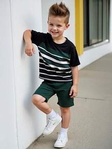 Camiseta listrada de manga curta para meninos e meninas de verão + shorts confortáveis - Multicolorido - Ver 4