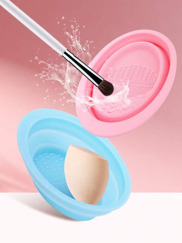 1pc Silicone Folding Bowl, Palm-Sized When Compressed, Self-Cleaning With One Rinse, Space-Saving, Easy To Clean, Heat Resistant, Ideal For Washing Makeup Sponges, Brushes And Puffs