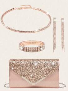4 Pieces Women Rhinestone Jewelry Set Bling Necklace Earrings Bracelets Set For Wedding Clutch Purses Bag For Women Evening Bag Bling Glitter Elegant V-Shaped Flap Envelope Clutch Bag Wedding Party Bridal Purse
