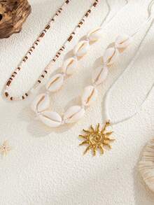 3pcs/Set Men's Retro Boho Style Shell Beaded Necklace, Creative Fashion Metal Spiral Sun Pendant Multi-Layered Necklace, Suitable For Daily And Beach Holiday Wear