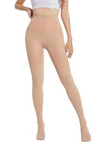 1双女士超柔软不透明高腰纯色连裤袜，舒适透气 - 杏色 - 查看 5