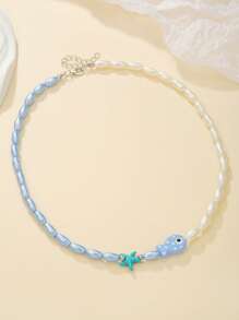 1pc Ocean Theme Vacation Style Faux Pearl, Resin Crack Bead, Ceramic Small Fish, Seaglass Tropical Fish, Starfish And Seashell Pendant Necklace For Women, Suitable For Gift And Everyday Wear