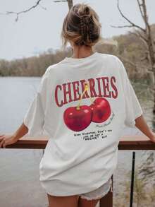 女式夏季白色樱桃和口号图案圆领短袖 T 恤，休闲宽松百搭假日风格上衣，时尚夏季服装适合日常假日穿着