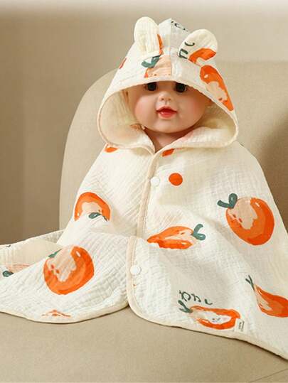 1pc Muslin Hooded Bath Robe, Children Cloak, Soft Absorbent Bathrobe, Baby Cape, Cartoon Style, All Seasons