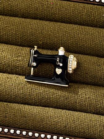 1 件复古珐琅镶嵌水钻缝纫机胸针，女士日常服装配饰，欧美风格