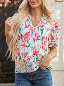 Women's Pink Floral Print Striped Trim Split Neck Short Sleeve Shirts Blouse Boho Summer Tops