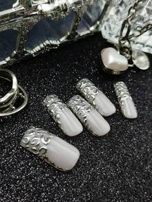 10片/套 手工全覆盖金属法式美甲贴片，艺术风格，男女皆宜，适合派对、主题活动，附赠1个迷你指甲锉和1张双面胶标签，按压式美甲贴片，美甲贴纸，美甲用品，手工按压式美甲贴片 - 銀色 - 查看 6