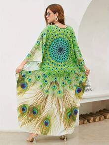 YI XUAN Women's Plus Size V-Neck Peacock Print Beach Dress, Boho Vibrant Green, Peacock Open Screen Print Design, 3/4 Sleeves, Summer Vacation Loose Dress Cover