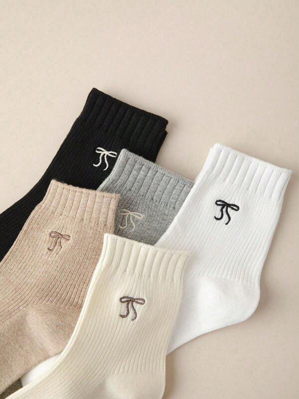 5 Pairs Women's Solid Color Bow Mid-Calf Socks, Leg Warmers, Versatile School Style To Pair With Loafers