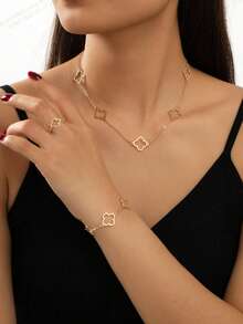 1 套花卉项链、手链和戒指，时尚休闲花卉首饰套装 - 金黃色 - 查看 3