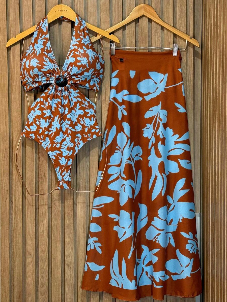 Bodysuit Swimsuit And Pareo Set Kit Premium Beach Cover-Up Bathing Suit Bodysuit - 藍色樹葉 - 查看 1