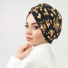 1PC Fashionable Versatile Feather Metallic Gold Print India-Style Head Wrap Turban, Cancer Chemo Hat For Hair Coverage