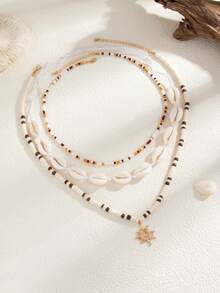 3pcs/Set Men's Retro Boho Style Shell Beaded Necklace, Creative Fashion Metal Spiral Sun Pendant Multi-Layered Necklace, Suitable For Daily And Beach Holiday Wear