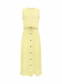 Set de 2 piezas de top sin mangas de unicolor + falda A-line casual suelta con decoración de botones delanteros para mujer, conjunto de verano