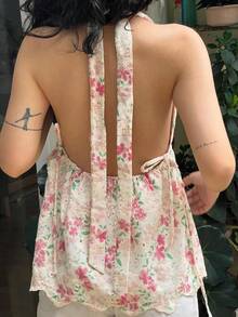 Women Lace Floral Halter Tank Tops Deep V Neck Backless Ruffle Camisole Y2K Bodycon Going Out Vest Streetwear - Apricot - View 2