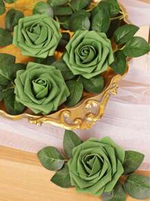 40Pcs/6Pcs Green Roses With Leaves Fake Flowers Real Touch Faux Roses Eucalyptus Leaves For Wedding Flower Bouquet Centerpiece Home Room Office Decoration, Artificial Flowers With Stems Plastic Plants Simulation Flowers For Flower Floral Arrangement