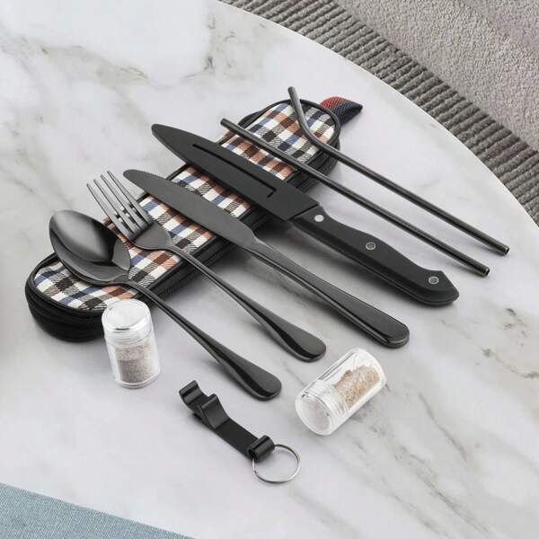 10pcs Portable Cutlery Set Stainless Steel Flatware Spoon Dinner Steak Knife Fork Straw Spice Jar Bottle Opener Gloss Black Dinnerware Tableware With Storage Bag Camping Travel